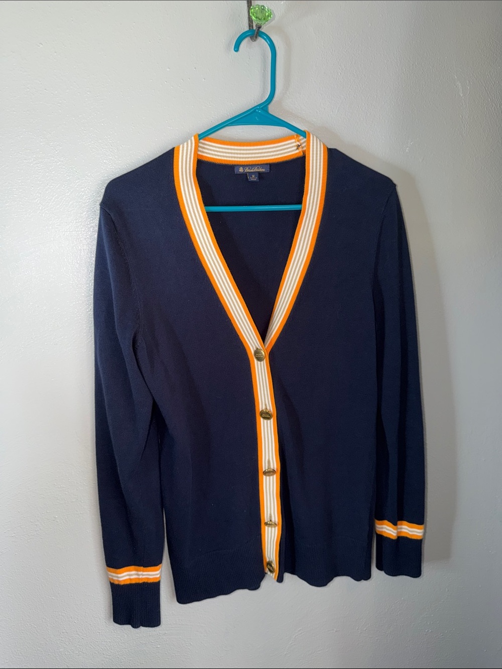 Brooks Brothers Navy V-Neck Cardigan with Gold Trim